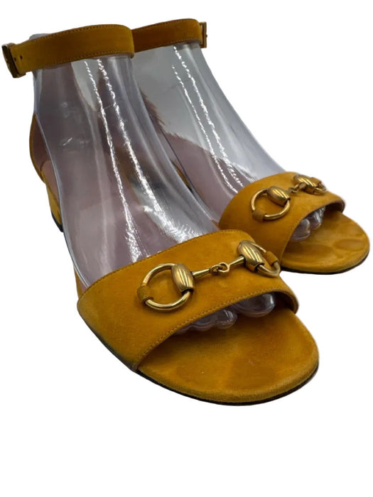 Gucci Shoe Size 37.5 Yellow Orange Leather Suede Ankle Strap Horse Bit Sandals