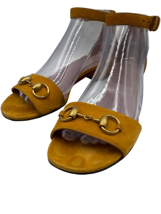 Gucci Shoe Size 37.5 Yellow Orange Leather Suede Ankle Strap Horse Bit Sandals