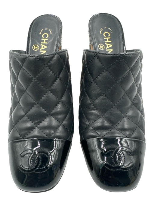 Chanel Shoe Size 38 Black Calfskin & Patent Leather Quilted Pattern Mules Black / 38