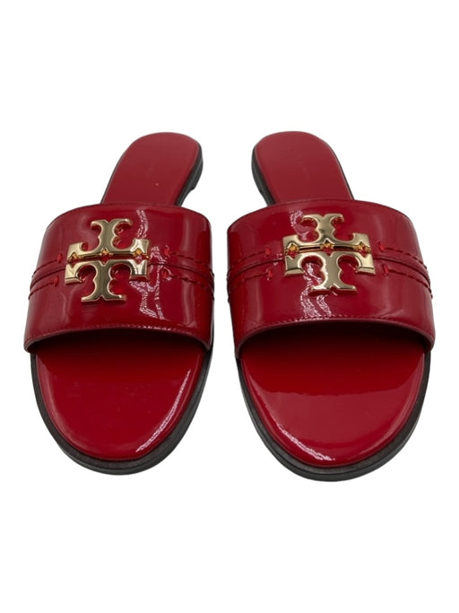 Tory Burch Shoe Size 8 Red & Brown Patent Open Toe & Heel Gold Logo Sandals Red & Brown / 8