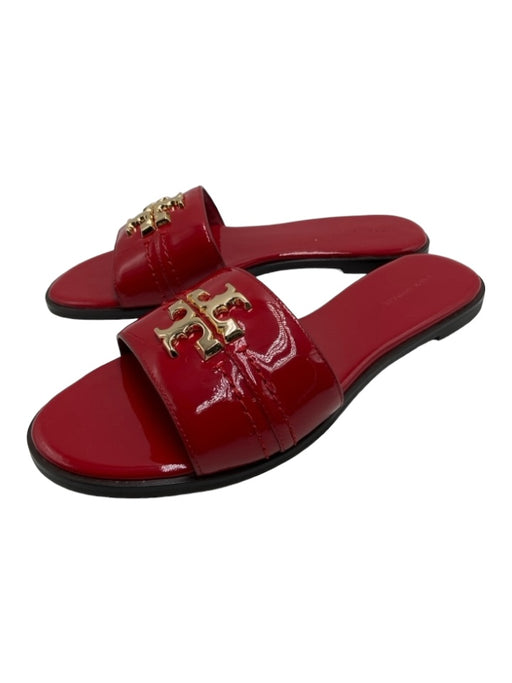 Tory Burch Shoe Size 8 Red & Brown Patent Open Toe & Heel Gold Logo Sandals Red & Brown / 8