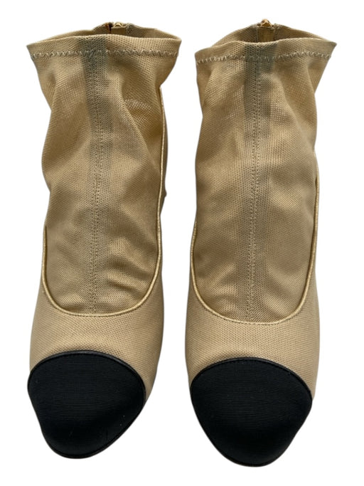 Chanel Shoe Size 38.5 Beige & Black textile upper Mesh Cap Toe Back Zip Booties Beige & Black / 38.5