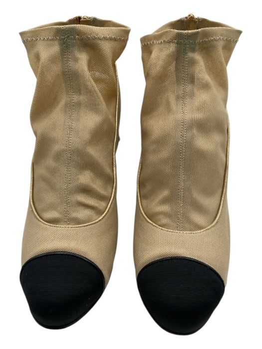 Chanel Shoe Size 38.5 Beige & Black textile upper Mesh Cap Toe Back Zip Booties Beige & Black / 38.5