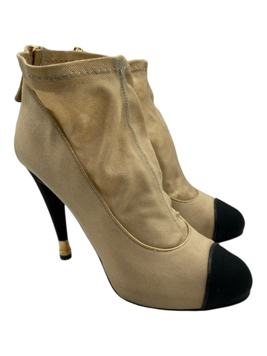Chanel Shoe Size 38.5 Beige & Black textile upper Mesh Cap Toe Back Zip Booties Beige & Black / 38.5