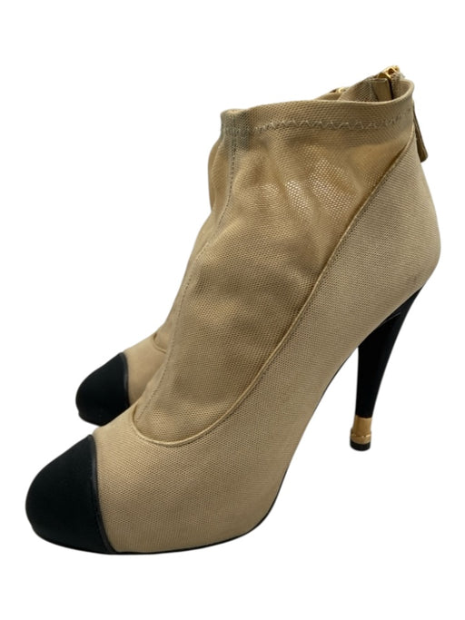 Chanel Shoe Size 38.5 Beige & Black textile upper Mesh Cap Toe Back Zip Booties Beige & Black / 38.5