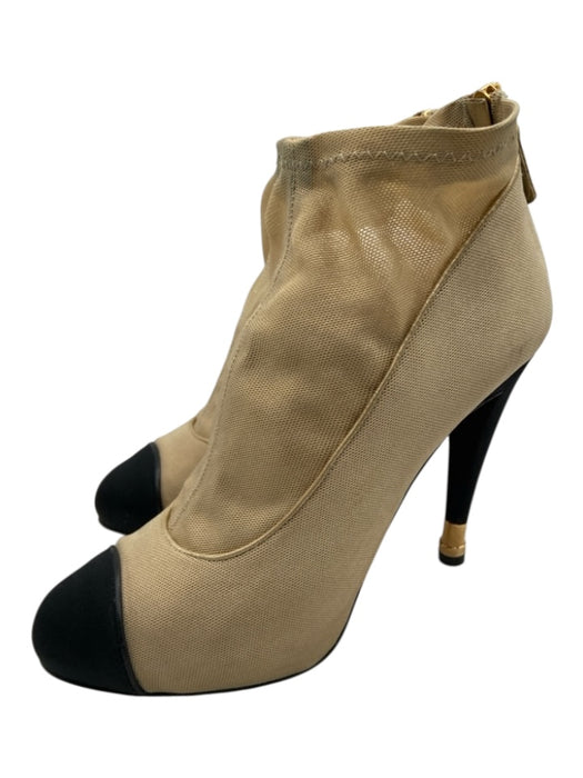 Chanel Shoe Size 38.5 Beige & Black textile upper Mesh Cap Toe Back Zip Booties Beige & Black / 38.5