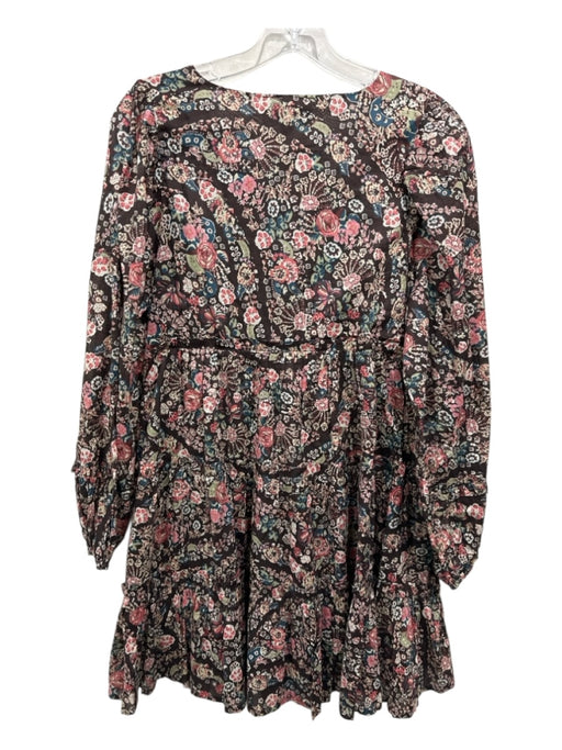 Cleobella Size S Brown & Pink Cotton Long Sleeve Floral V Neck Mini Dress Brown & Pink / S