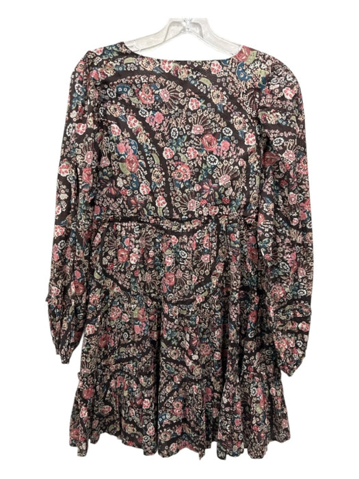 Cleobella Size S Brown & Pink Cotton Long Sleeve Floral V Neck Mini Dress Brown & Pink / S