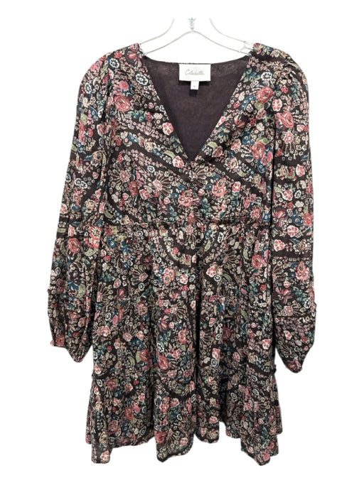 Cleobella Size S Brown & Pink Cotton Long Sleeve Floral V Neck Mini Dress Brown & Pink / S