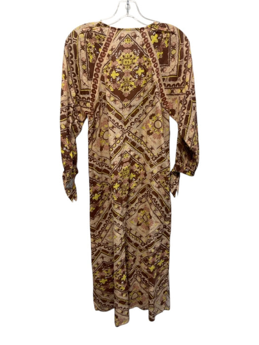 Cleobella Size S Pink, Brown, Yellow Cotton 3/4 Sleeve Abstract Print Midi Dress Pink, Brown, Yellow / S