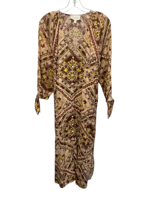 Cleobella Size S Pink, Brown, Yellow Cotton 3/4 Sleeve Abstract Print Midi Dress Pink, Brown, Yellow / S