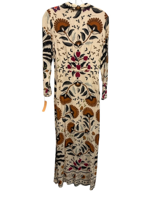 Farm Rio Size XS Cream, Brown, Pink Rayon 3/4 Sleeve Floral Print V Neck Dress Cream, Brown, Pink / XS