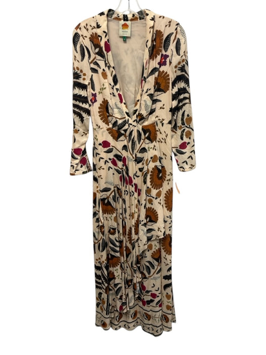 Farm Rio Size XS Cream, Brown, Pink Rayon 3/4 Sleeve Floral Print V Neck Dress Cream, Brown, Pink / XS