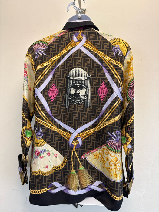 Fendace NWT Size 38 brown, gold, multi Silk zucca monogram fan print Shirt