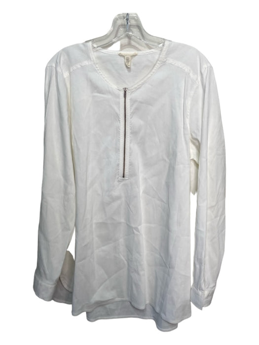 Eileen Fisher Size XL White Linen Blend Quarter Zip Round Neck Button Detail Top White / XL