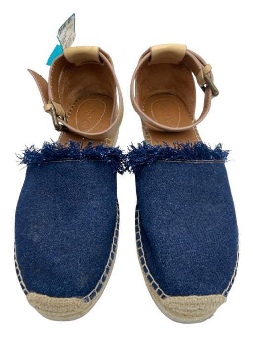 SeeByChloe Shoe Size 38 Blue & Tan Leather & Denim Fringe Ankle Strap Espadrille Blue & Tan / 38