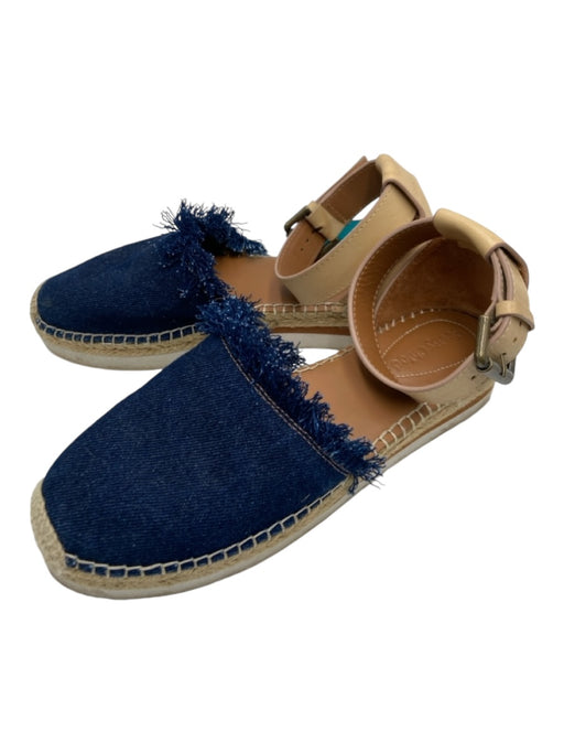 SeeByChloe Shoe Size 38 Blue & Tan Leather & Denim Fringe Ankle Strap Espadrille Blue & Tan / 38