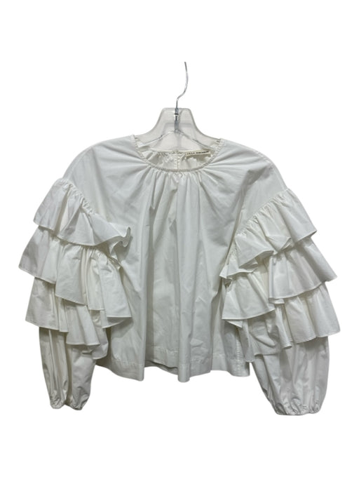 Ulla Johnson Size 4 White Cotton Keyhole Back Ruffle 3/4 Sleeves Top White / 4