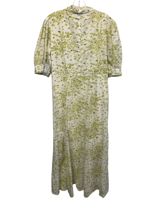 India Amory Size M Green & White Cotton Short Puff Sleeve Botanical Print Dress Green & White / M