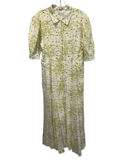 India Amory Size M Green & White Cotton Short Puff Sleeve Botanical Print Dress Green & White / M