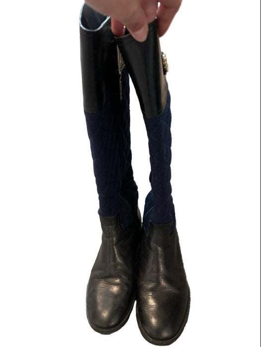 Tory Burch Shoe Size 7.5 Navy & Black Canvas & Leather Quilted Side Zip Boots