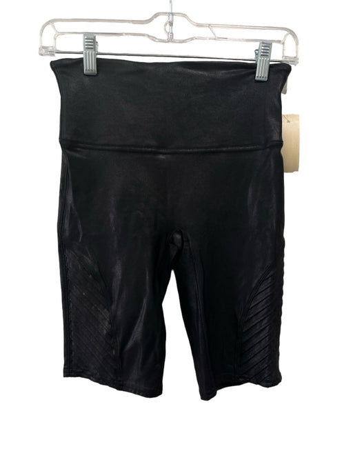 Spanx Size M Black Nylon Blend High Rise Biker Pleat Detail Coated Shorts Black / M