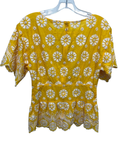 Tory Burch Size 4 Yellow & White Cotton Floral Eyelet Short Sleeve Peplum Top Yellow & White / 4