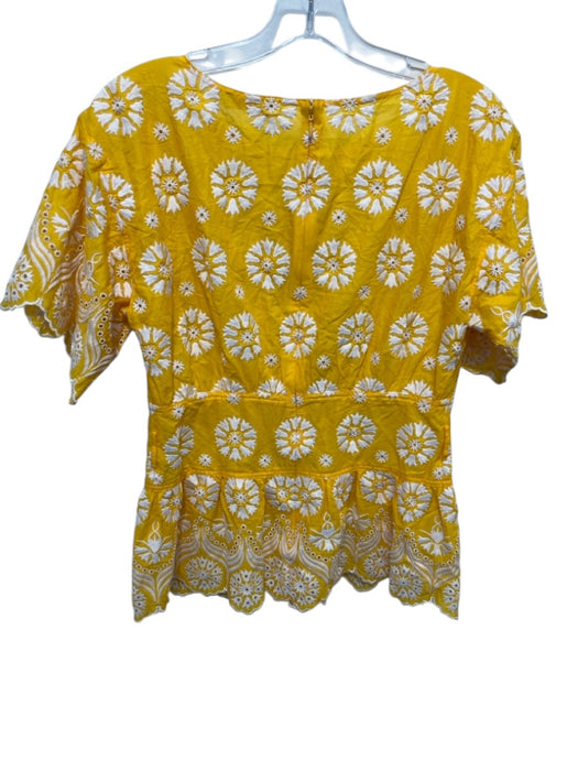 Tory Burch Size 4 Yellow & White Cotton Floral Eyelet Short Sleeve Peplum Top Yellow & White / 4