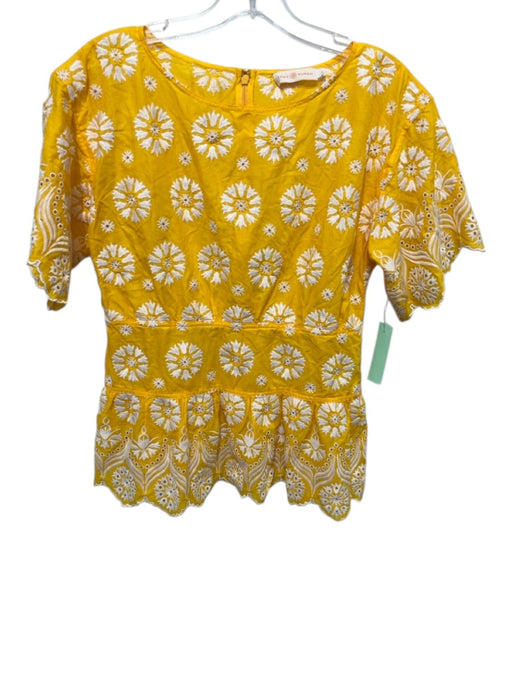 Tory Burch Size 4 Yellow & White Cotton Floral Eyelet Short Sleeve Peplum Top Yellow & White / 4