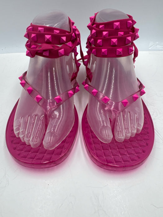 Valentino Shoe Size 38 Pink PVC Wedge Rock Studs Ankle Wrap Thong Sandals