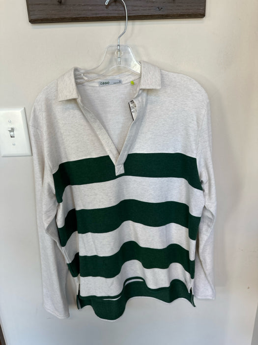 Tasc Size M Cream & Green Organic Cotton Blend Long Sleeve Striped Collar Top