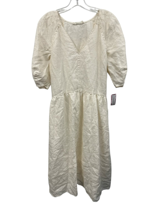 Everlane Size Small Cream White Flax Short Puff Sleeve V Neck Gathered Dress Cream White / Small