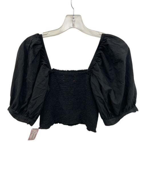 XiRENA Size Medium Black Cotton Short Puff Sleeve smocked Cropped Top Black / Medium