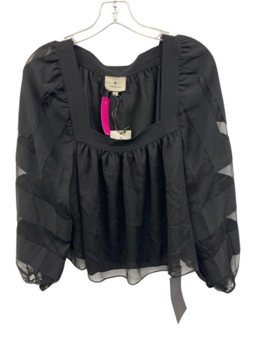 Tuckernuck Size Medium Black Polyester Long Sleeve Striped Sheer Square Neck Top Black / Medium