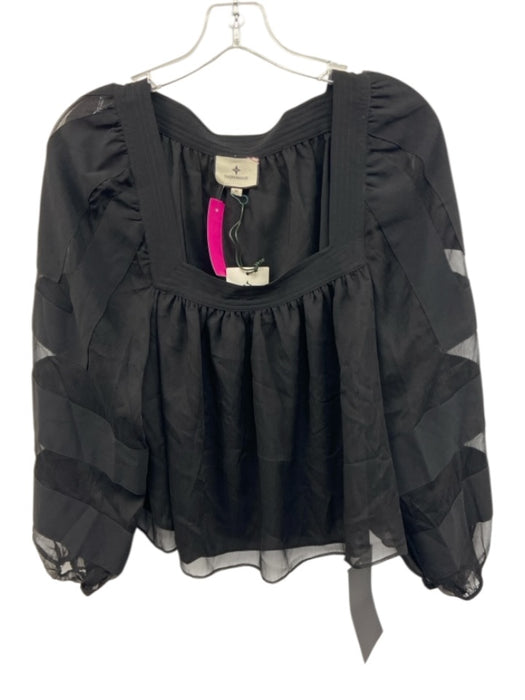 Tuckernuck Size Medium Black Polyester Long Sleeve Striped Sheer Square Neck Top Black / Medium