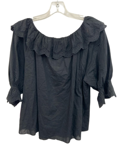 & Other Stories Size Medium Black Cotton Half Puff Sleeve Floral Embroidery Top Black / Medium