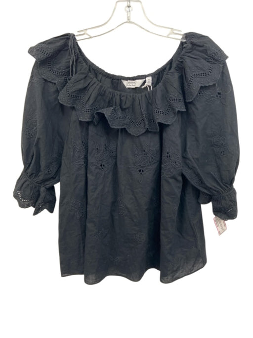 & Other Stories Size Medium Black Cotton Half Puff Sleeve Floral Embroidery Top Black / Medium