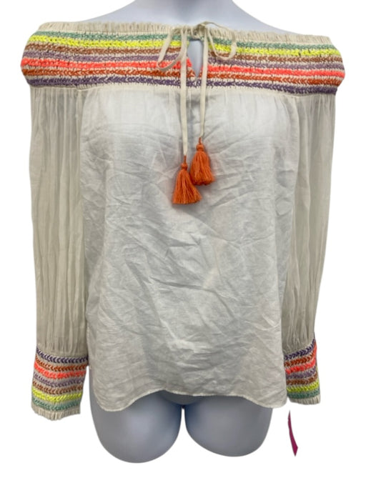 Alice + Olivia Size Medium White & Multi Cotton Half Sleeve Embroidered Top White & Multi / Medium