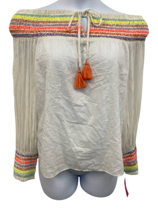 Alice + Olivia Size Medium White & Multi Cotton Half Sleeve Embroidered Top White & Multi / Medium
