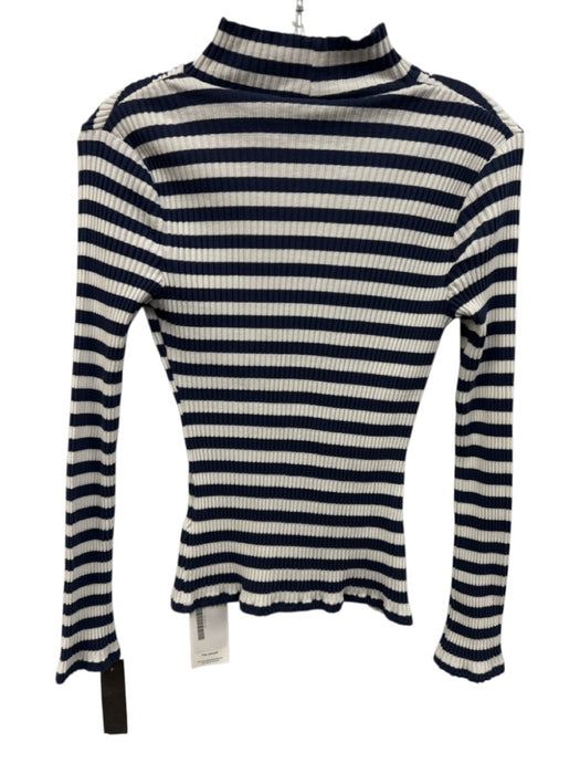 Veronica Beard Size S Blue & White Cotton Blend Striped Ribbed Mock Neck Top Blue & White / S