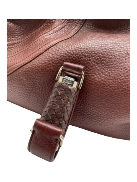 Fendi Brown Grain Leather Woven Shoulder Bag Hobo Bag Brown / M