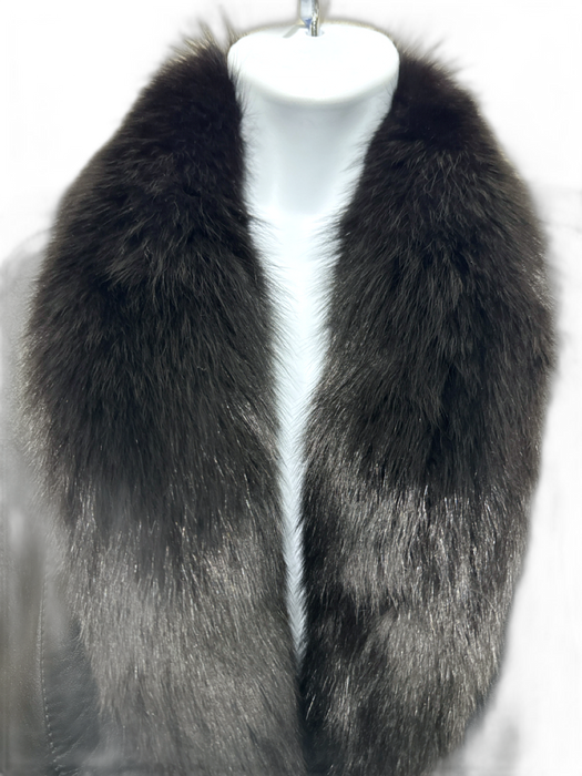No Brand Size L Black Leather & Fox Fur Fox Fur Collar Hook Clasp Pockets Coat Black / L