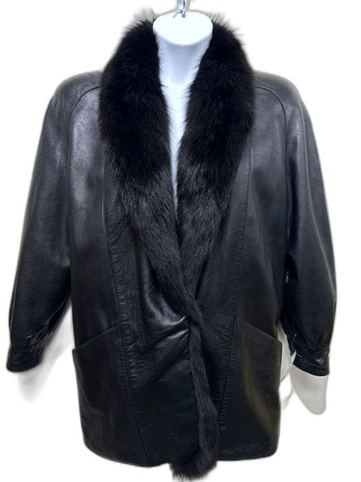 No Brand Size L Black Leather & Fox Fur Fox Fur Collar Hook Clasp Pockets Coat Black / L
