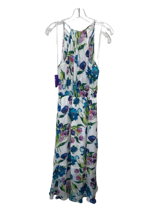 Parker Size XS White Green Blue Silk Blend Floral Surplice Sleeveless Midi Dress White Green Blue / XS