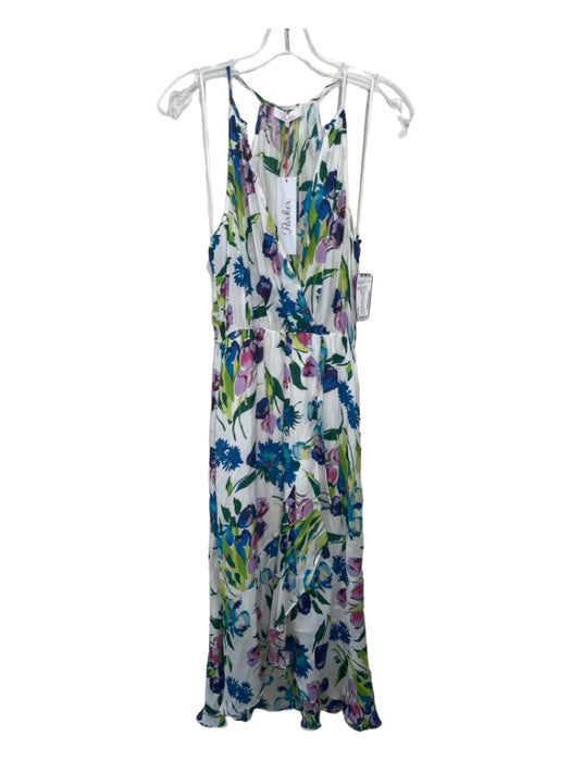 Parker Size XS White Green Blue Silk Blend Floral Surplice Sleeveless Midi Dress White Green Blue / XS