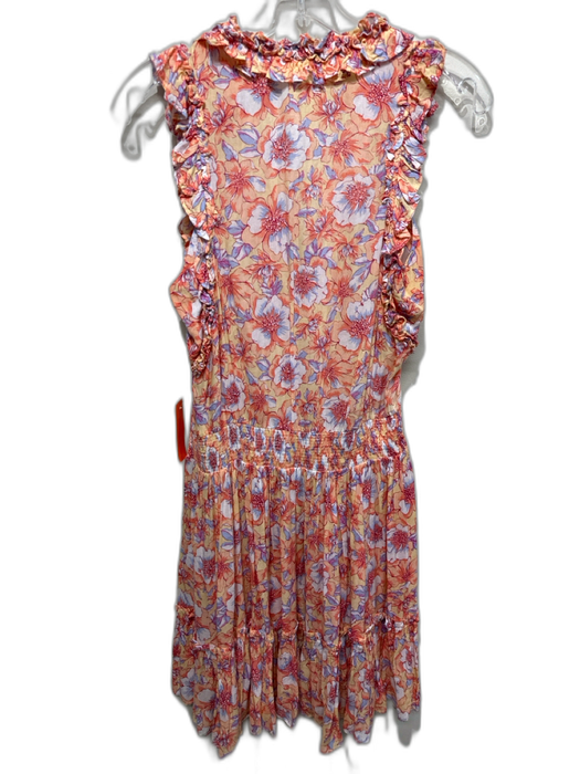 Poupette St. Barth Size S Orange & Blue Viscose Smocked Waist Band Floral Dress Orange & Blue / S