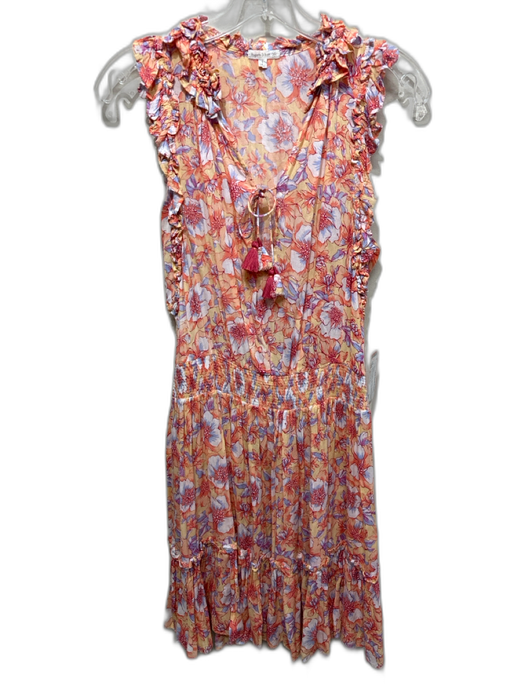 Poupette St. Barth Size S Orange & Blue Viscose Smocked Waist Band Floral Dress Orange & Blue / S
