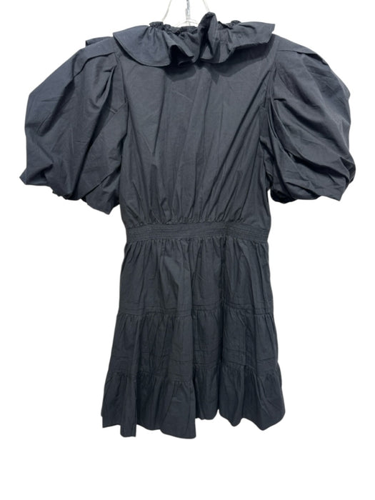 Love The Label Size S Black Cotton Short Puff Sleeve Ruffle Wrap Tie Front Dress Black / S