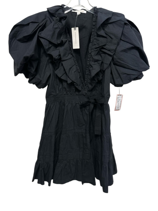 Love The Label Size S Black Cotton Short Puff Sleeve Ruffle Wrap Tie Front Dress Black / S