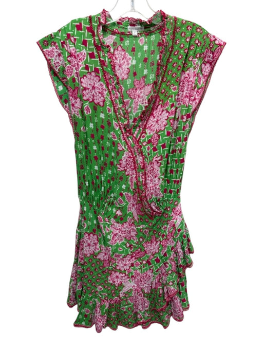 Poupette St. Barth Size M Green & Pink Viscose Floral Lace Trim Dress Green & Pink / M